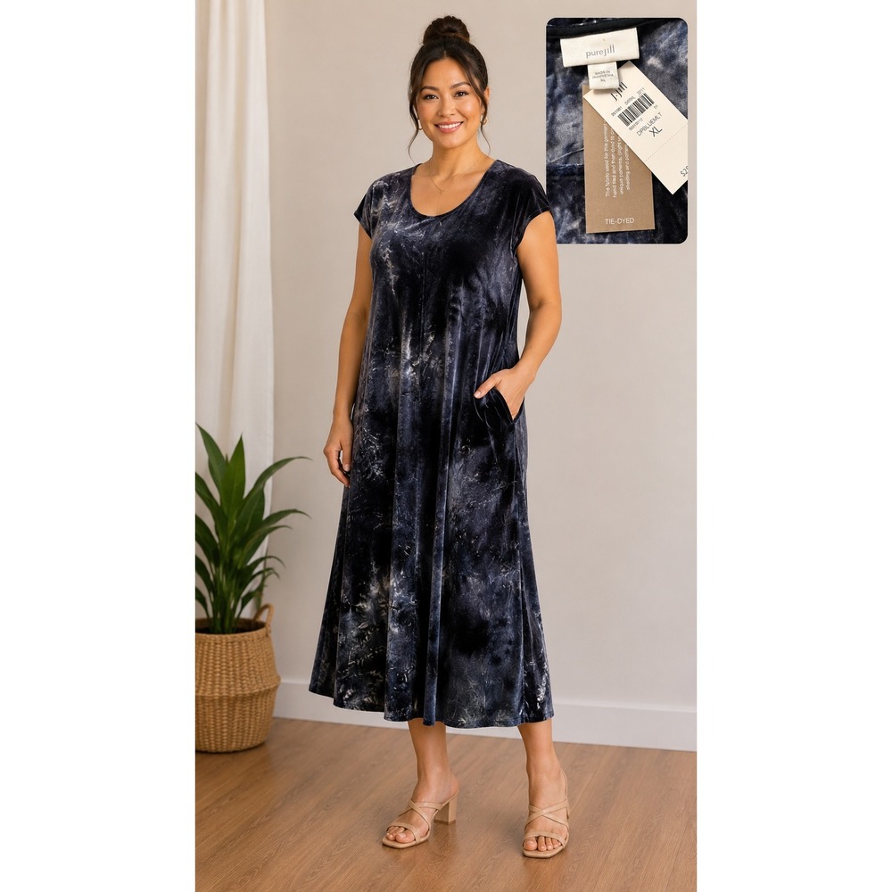 Pure Jill J Jill XL Blue Tie Dye Velvet Midi Shift Dress NWT $289 251581
